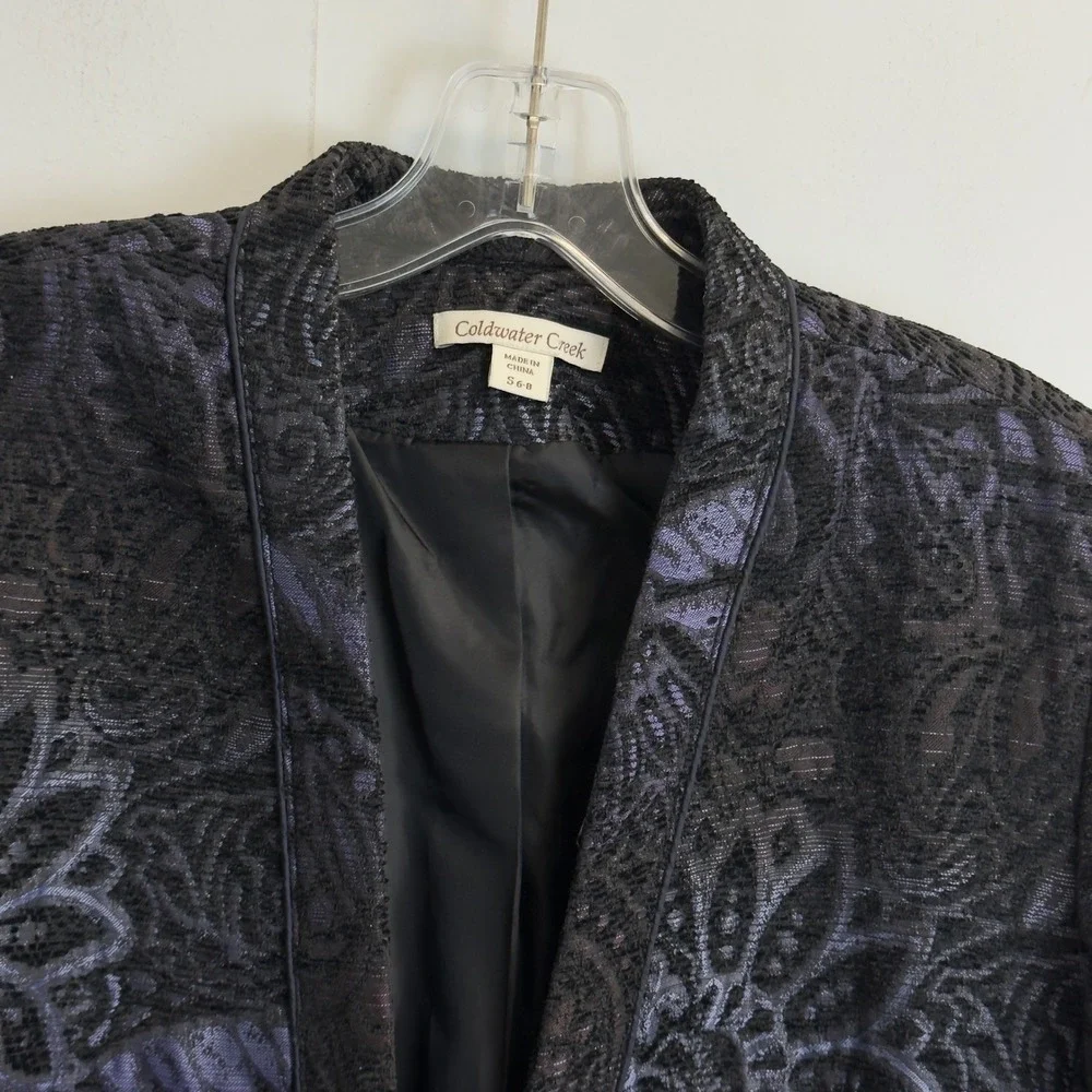 Coldwater Creek Womens Navy Blue Black Paisley Brocade Open‎ Front Jacket S 6-8